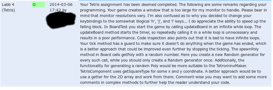 Detaljerad feedback på mitt tetris-spel.