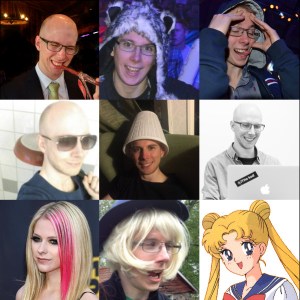Kollage med profil-bilder: Ölkorv, Vargmössa, Drömmaren, Stekpanna, lampskärm, gråskala, avril, blondie, sailor moon