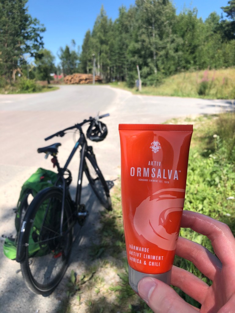 Ormsalva med cykeln i bakgrunden på vägen till Valskog