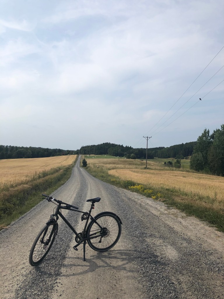 Cykeln på grusvägen mellan Malmköping och Fräkentorp. Åkrar på vardera sida vägen och elledning till höger med en fågel på ena linan.