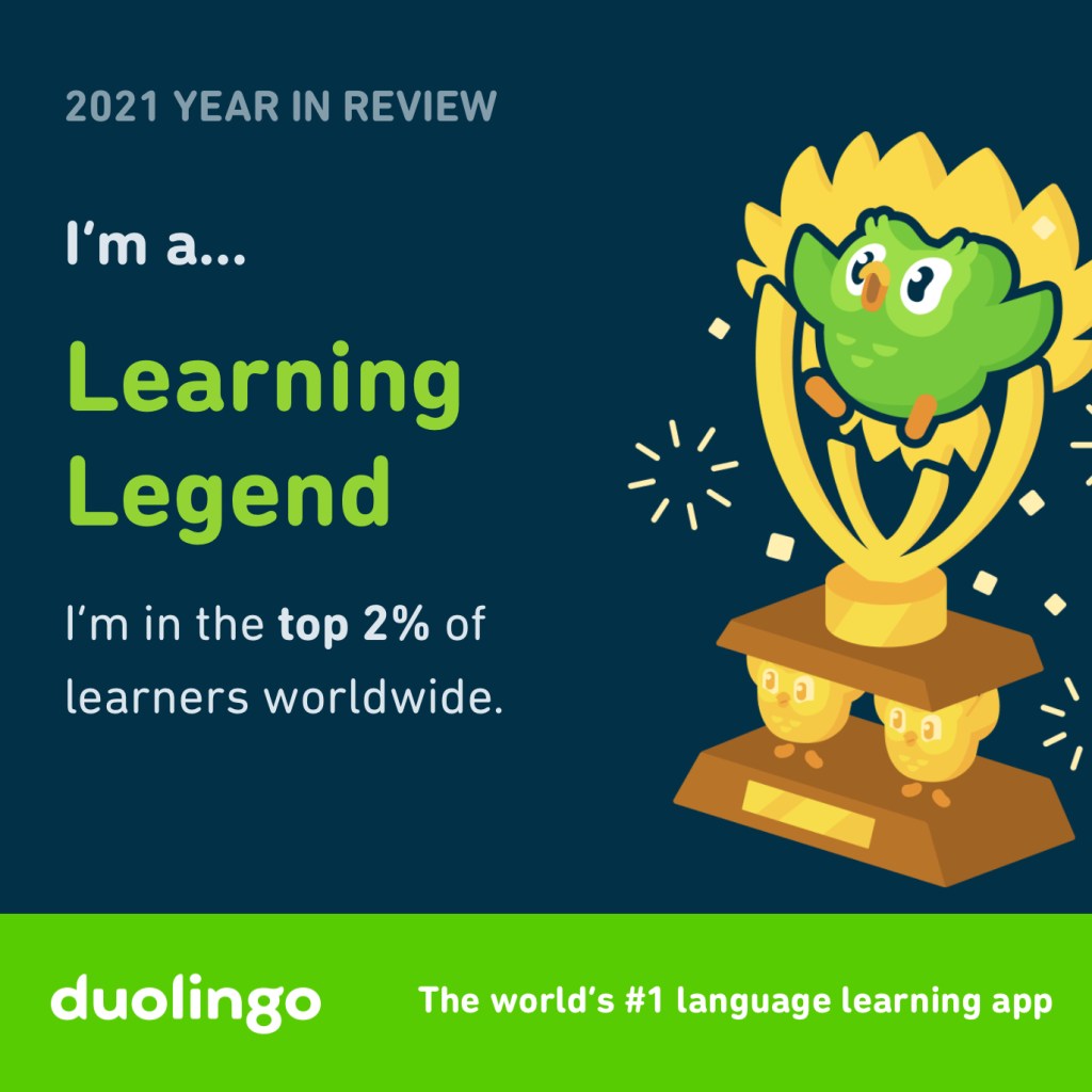 Årssammanfattning från DuoLingo som säger att jag är en learning legend och tillhör topp-2 procenten av användarna.