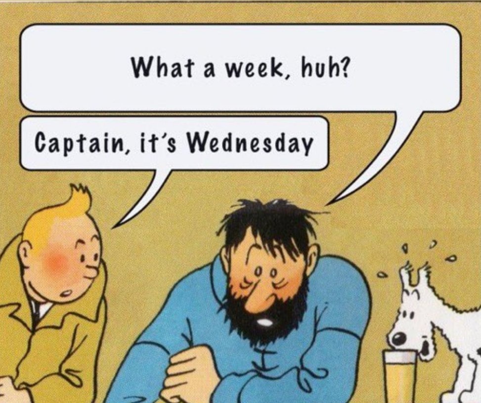 What a week meme med Tintin och Kapten Haddock. Haddock säger "What a week, huh?" och Tintin svarar "Captain, it's Wednesday".