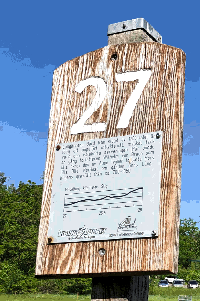 En gif som visar de flesta kilometerstolparna längs Lidingöloppets sträckning. Varje stolpe visar antal återstående kilometer, en höjdkurva och en liten text om platsens historiska betydelse,