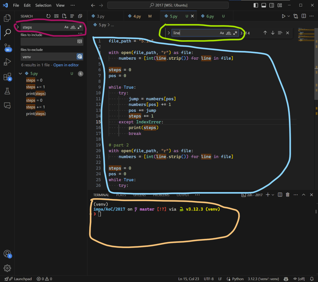 Screenshot of VS code highlighting different areas in the editor; the main editor area, the terminal, the global find widget and the local file's find widget.